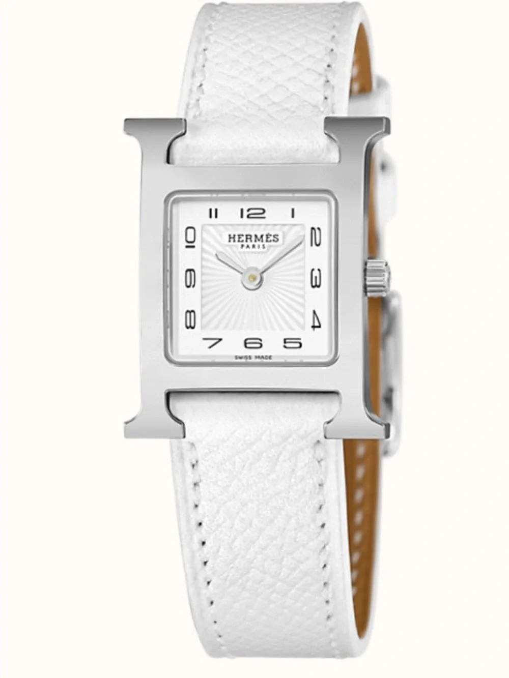 Hermes White Leather H Hour Stainless Steel Women's Watch